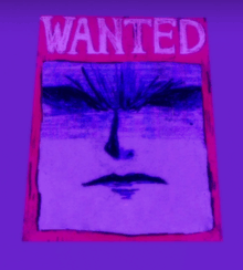 a wanted poster with a purple background and a face