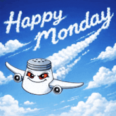a salt shaker is flying through the air with the words happy monday written in the clouds