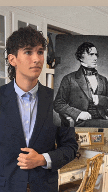 a young man in a suit is next to a black and white photo of a man in a tuxedo