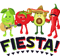 a fiesta poster with a tomato avocado and a pepper