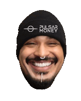 a man wearing a black beanie that says pulsar money on it