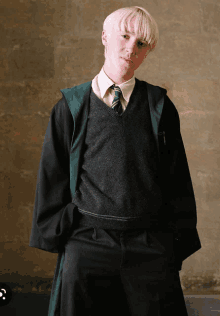 a young man in a harry potter costume is standing in front of a wall with his hands in his pockets