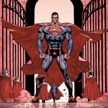 a drawing of superman standing in front of a building