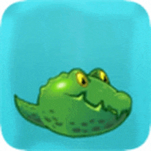 a green cartoon crocodile with yellow eyes is sitting on a blue background .