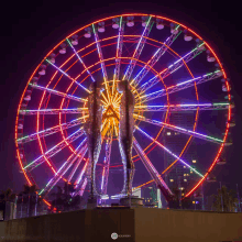 a ferris wheel is lit up at night with a statue in front