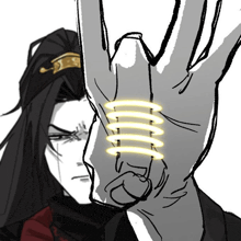a black and white drawing of a man 's hand with a ring on it