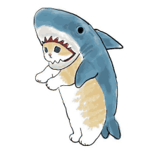 a cat is wearing a shark costume with its mouth open