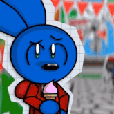 a blue cartoon character holding an ice cream cone with a sad look on his face