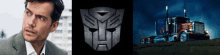 a man in a suit is next to a transformer logo