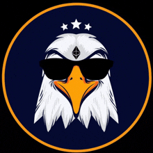 a bald eagle wearing sunglasses has an ethereum icon on its head