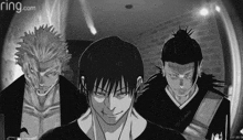 a black and white photo of three anime characters with ring.com written on the bottom right