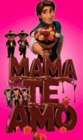 a man is holding a bouquet of flowers in front of a sign that says " mama te amo "