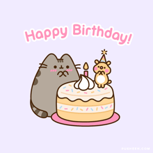 a happy birthday greeting card with a cat and cake