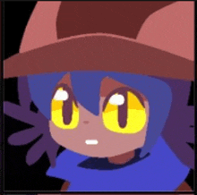 a cartoon character with blue hair and yellow eyes wearing a hat and scarf