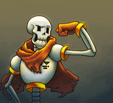 a cartoon drawing of a skeleton wearing a scarf and gloves with the letter t on it