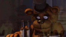 a cartoon of a teddy bear wearing a top hat and holding bottles of beer .