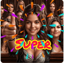 a woman giving a thumbs up in front of a group of women with the word super in the foreground