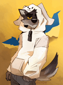 a drawing of a wolf wearing a white hoodie with a dog on it