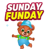 a teddy bear wearing overalls and a blue hat stands in front of the words sunday funday