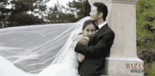 a bride and groom are posing for a picture on their wedding day . the bride is wearing a long veil .