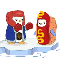 a penguin with boxing gloves is standing next to a hot dog with the letter m on it