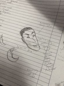 a drawing of a man 's face and a crescent moon on lined paper