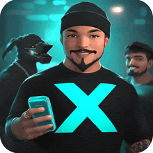 a man in a black shirt with an x on it