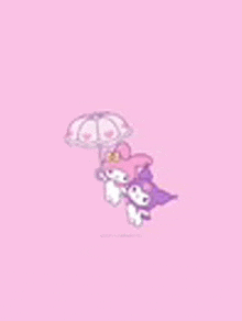 my melody and kuromi are flying in the air with an umbrella .