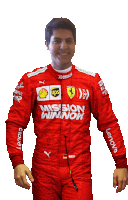 a man wearing a red race suit with the words mission winnow on it