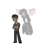 a pixel art of a man standing next to a shadow of a woman .