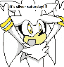 a pixel art of silver the hedgehog saying it 's silver saturday !!