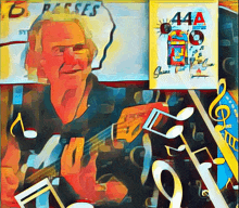 a painting of a man playing a guitar next to a sign that says 44a on it