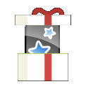 a stack of gift boxes with a red ribbon and stars on them