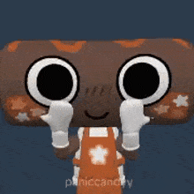 a cartoon character with big eyes and a smile on his face is wearing gloves .