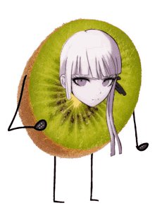 a slice of kiwi with a girl 's head and arms and legs