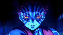 a close up of a person 's face with glowing eyes and a striped face
