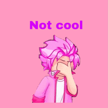 a person with pink hair is covering their face with their hand and the words " not cool " written above them