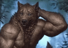 a werewolf with muscles is scratching his head and smiling .