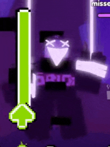 a video game character with a green arrow pointing up and a purple background .