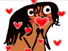 a cartoon drawing of a woman with hearts around her face