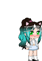 a girl with blue hair and green eyes is wearing a white dress and white boots
