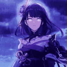 a purple haired anime girl is standing in the rain with a sword in her hand .