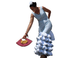 a woman in a polka dot dress is holding a fan