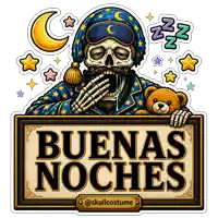 a sticker with a skeleton holding a teddy bear and a sign that says buenas noches