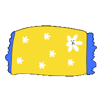 a yellow pillow with white flowers on it and a blue border