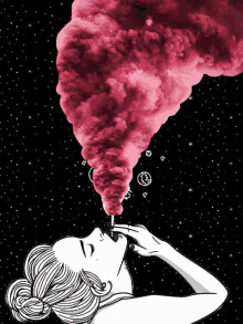 an illustration of a woman blowing pink smoke from her mouth