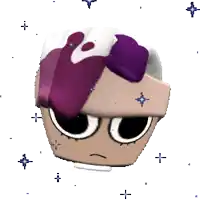 a cartoon character with a purple and white hat