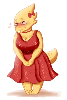 a drawing of a lizard wearing a red dress with the watermark pastel-dress