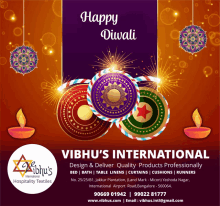 an advertisement for vibhu 's international hospitality textiles for diwali