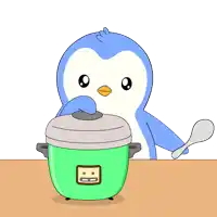 a penguin is opening a green rice cooker with a spoon